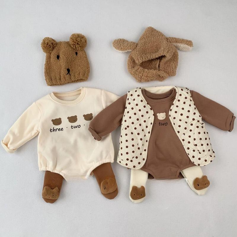 Nemmkids Body+Quần Áo Liền Thân Kèm Quần Gấu Nhồi Bông Dày Họa Tiết 3 Chú Gấu Cho Bé từ 4-12kg Chất Liệu Nỉ Bông Zip Hàn Mềm Mại