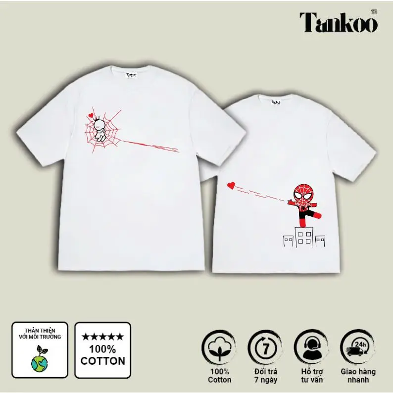 TANKOO áo thun cotton nam nữ, ÁO COUPLE, CẶP ĐÔI dịp valentine, quà tặng áo in hình người nhện bắn tim Cotton 230g áo thun nam 2025 mới