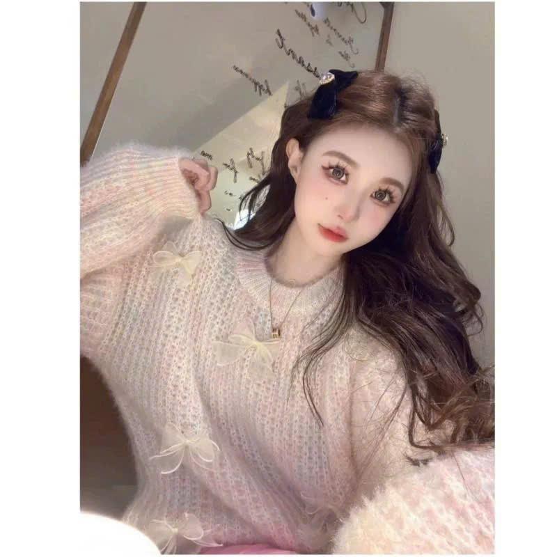 (KÈM NƠ) Áo len kiểu nữ dáng sweater form rộng dài tay cổ tròn họa tiết blink 3 màu thu đông Hàn Quốc Kozoda AL561 - Women, Top