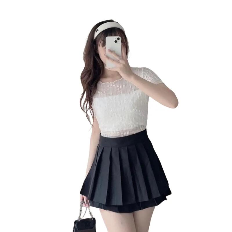 BARETOPTOP_Áo Kiểu Nữ Lưới Hoa Nhí Xuyên Thấu, Áo Croptop Nữ Tay Ngắn Thiết Kế Khoét Lưng Phối Dây Rút_A287 Women Sơ Mi Shirt Dáng Ngắn Trắng