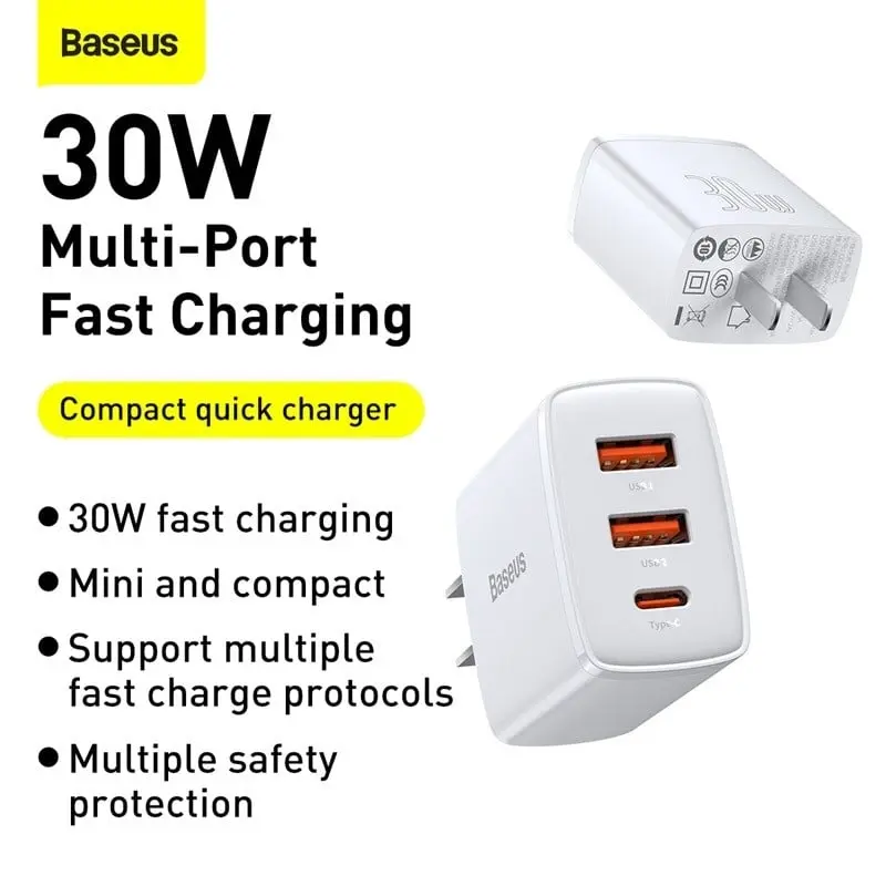 Cốc sạc nhanh siêu nhỏ gọn Baseus Compact Quick Charger 30W (USB dual port +Type C, 30w PD/QC3.0 Multi Quick Charge Support) sacnhanh android cusac 20w 4