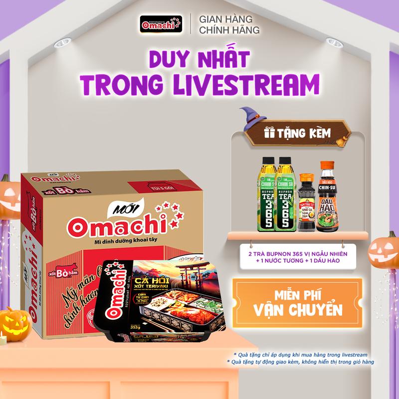 Combo gồm 1 thùng Mì dinh dưỡng khoai tây Omachi xốt Bò hầm 30gói x 80gr + Cơm tự chín Omachi cá hồi áp chảo xốt Teriyaki hộp x 353g