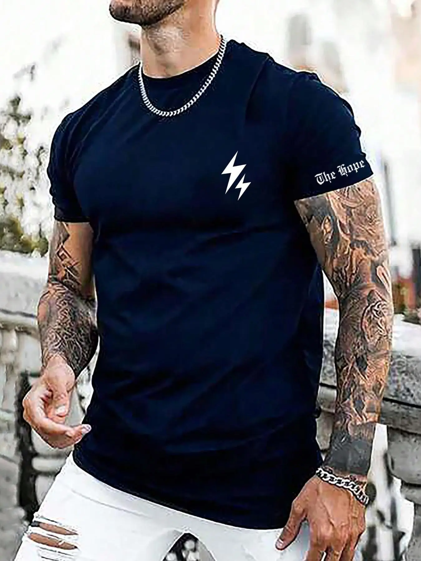 Men's Lightning Print Round Neck Tee, Regular Fit Casual Short Sleeve Crew Neck T-Shirt for Summer, Fashion Men's Top for Daily Wear