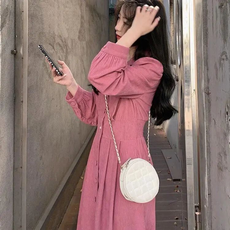 Dress Korduroi Wanita Musim Gugur Gaya Korea Baru Desain Kerah Rok Panjang Manis Biru Merah Midi Putih Casual Gaun Retro Sifon Pendek Mini 5