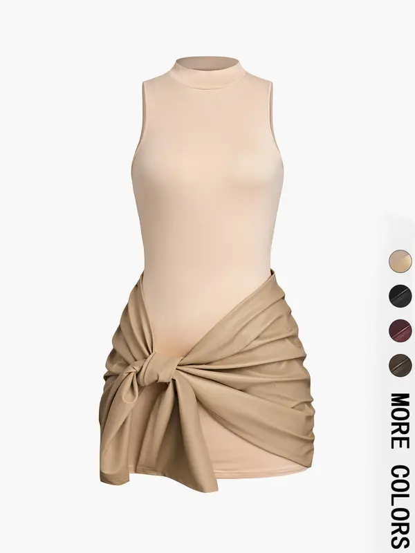 Women's Solid Ruched Knot Front Dress, Fashion Casual Sleeveless Dress for Daily Outdoor Wear, Ladies Clothes for All Seasons, Dresses, Womenswear 6