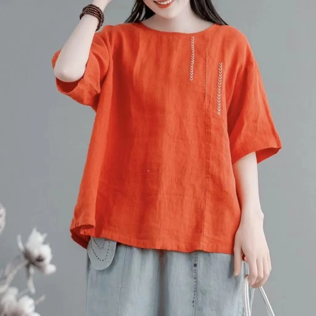 Artistic Retro Short Sleeve Women's Embroidery Cotton Linen round-Neck New Loose plus Size Casual T-shirt Pullover Top for Women