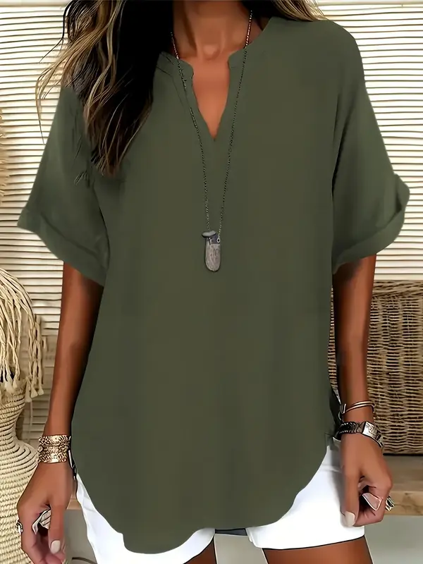 【Plus Size】 Solid Notched Neck Blouses, Casual Top for Summer, Women's Clothing for Daily Wear 2