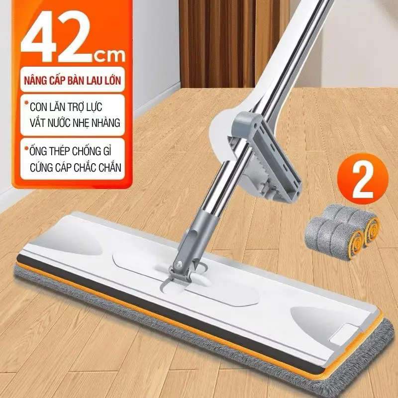 ￼Chổi lau nhà, Bộ 1 chổi + 2 bông lau kích thước 42cm, có gạt tự vắt, con lăn trợ lực