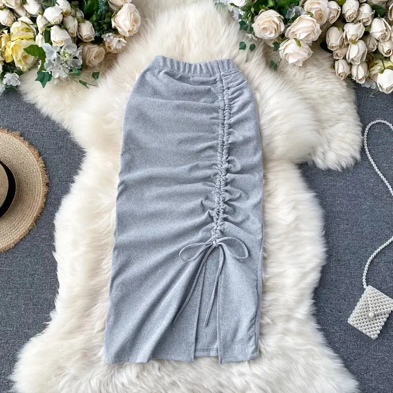 Bawahan Wanita Rok midi skirt span serut Belah Samping bahan RIB elastis Size S M L XL JuMBO