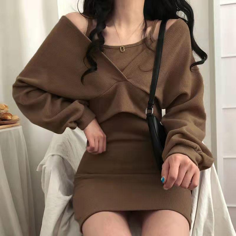 Product Introduction of 2024 Autumn and Winter New French Style Temperament Suspender Skirt + Blouse T-shirt Long Sleeve Suit Female Slim Solid Color Dress Hot Sale 35