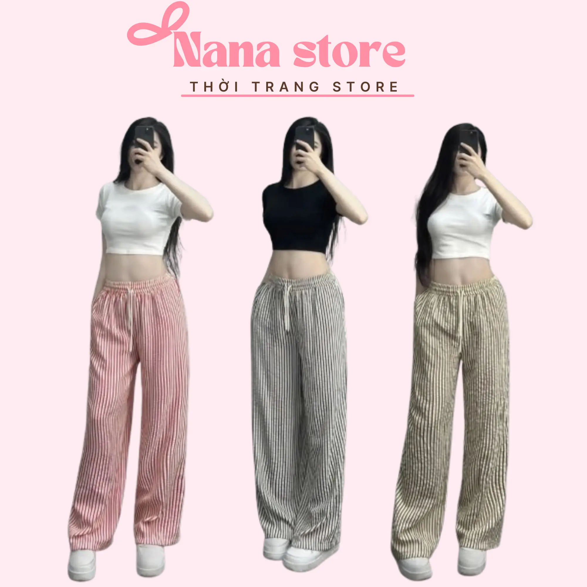 A6 - Quần Suông Kẻ Nữ Ống Rộng có BigSize, Quần Kẻ Form Rộng chất đũi thô nhăn Nana store