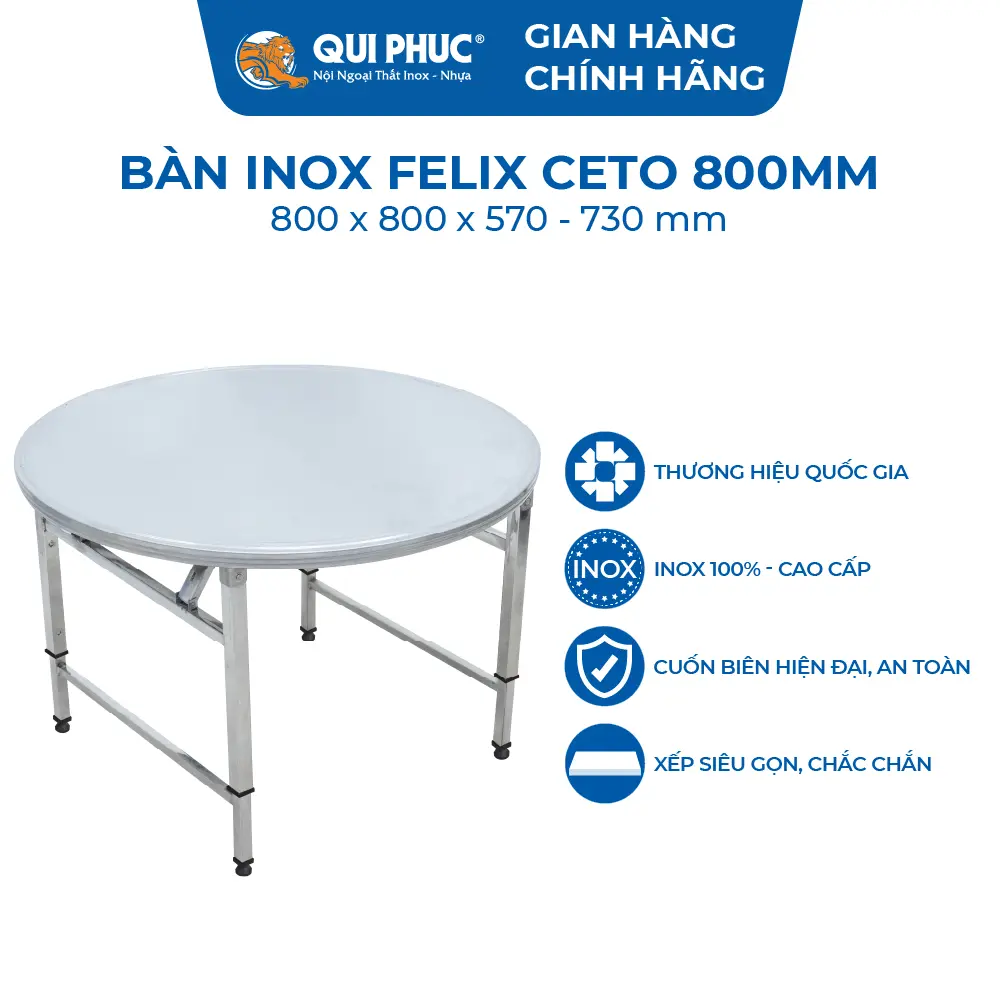 Bàn Inox Felix Ceto Gấp Gọn Chân Xếp Tăng Đưa - Qui Phúc Chính Hãng - Bàn Inox 201 Không Gỉ, Chịu Lực 75kg