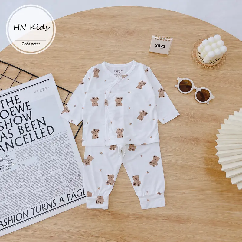 Bộ quần áo cho bé sơ sinh tay dài Hnkids vải petit sợi tre mềm mát co giãn màu trắng in hình Sơ Mi 6