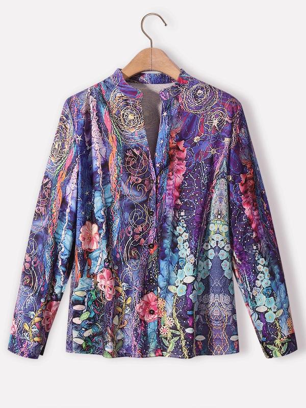 Women's Floral Print Button Front Blouse, Boho Notched Neck Long Sleeve Top for Vacation Holiday, Ladies Clothes for All Seasons 2