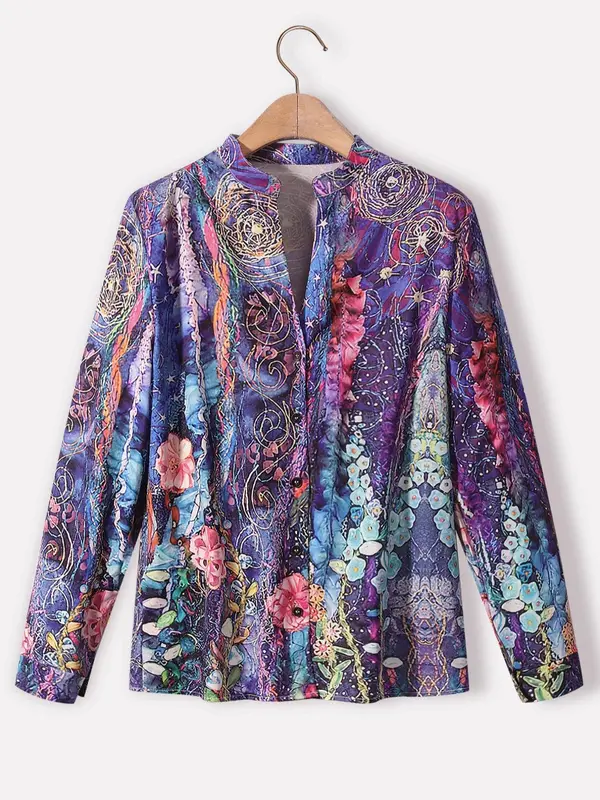 Women's Floral Print Button Front Blouse, Boho Notched Neck Long Sleeve Top for Vacation Holiday, Ladies Clothes for All Seasons 2