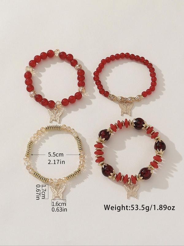 Fashionable Temperament Butterfly Charm Decor Beaded Bracelets, 4pcs/set Boho Style All-match Beaded Bracelet, Fashion Jewelry for Women & Girls 8
