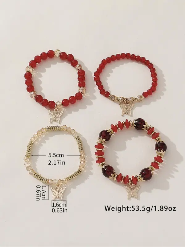 Fashionable Temperament Butterfly Charm Decor Beaded Bracelets, 4pcs/set Boho Style All-match Beaded Bracelet, Fashion Jewelry for Women & Girls 8