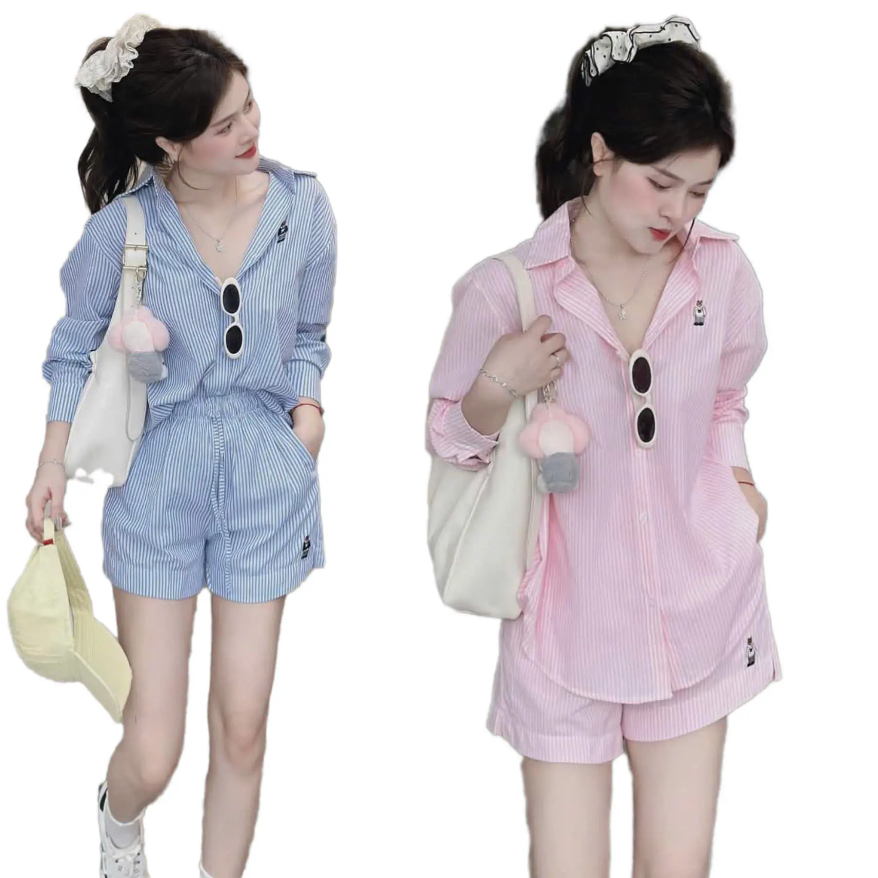 [CHẤT ĐŨI XỐP NHĂN ] Set Bộ kẻ sọc thêu cún gồm áo sơ mi và quần đùi , có túi, size 40-60kg, hot trend xuân hè 2025 - Top Women by TH Store