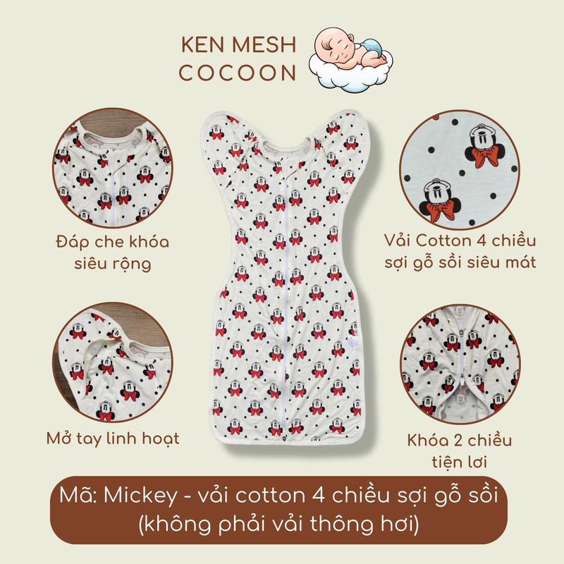 KEN MESH COCOON - Nhộng Chũn Mickey Vải Cotton 4 Chiều Sợi Gỗ Sồi Siêu Mát Khóa 2 Chiều Tiện Lợi Mở Tay Linh Hoạt An Toàn Cho Bé