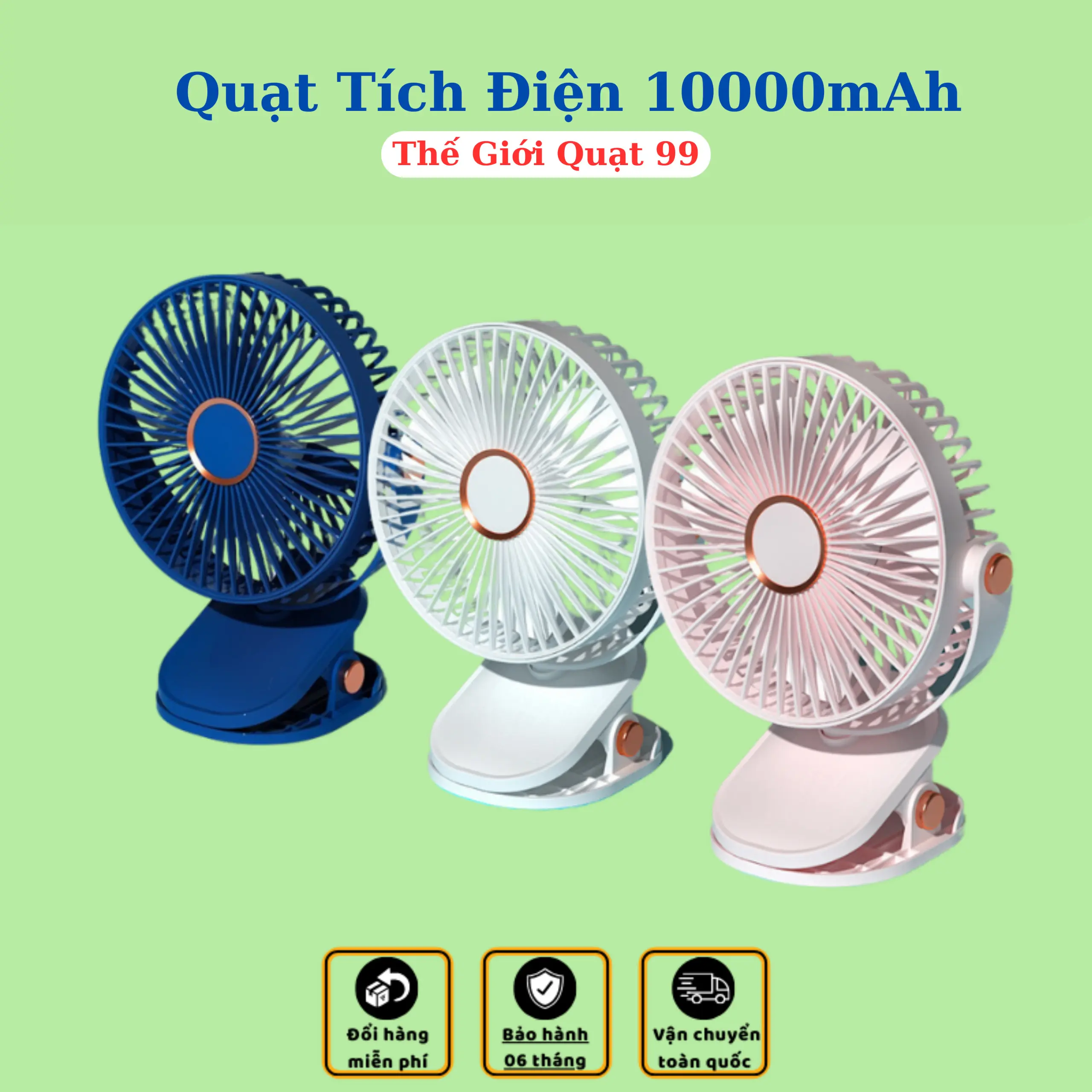 Quạt Tích Điện Để Bàn - Kẹp Bàn Homesmart99 10.000mAh 7h - 20h giờ liên tục, Sạc Type C + có đèn