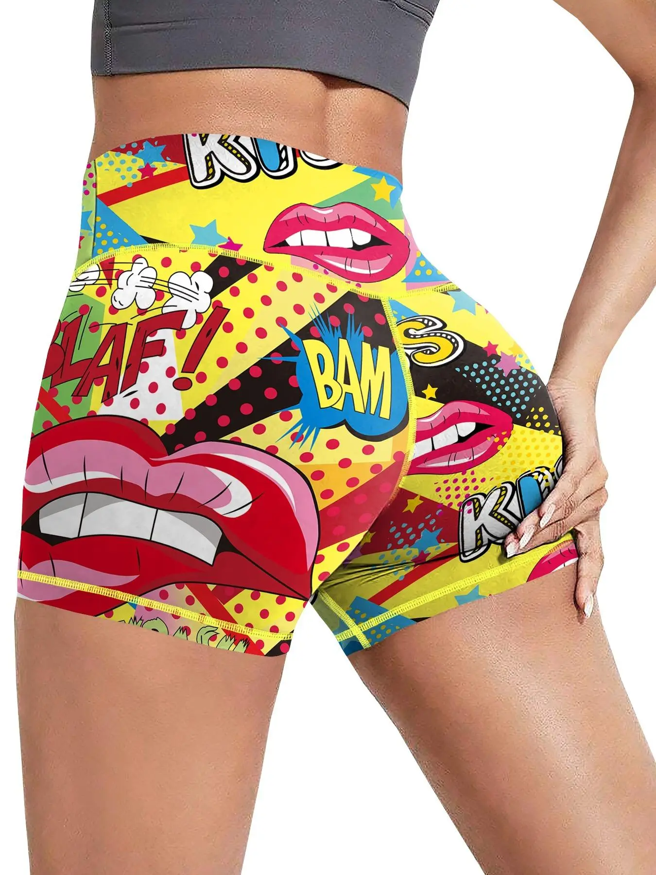 Women's Pop Art Print High Waist Shorts, Casual Comfy Breathable Skinny Shorts for Yoga Gym Workout Running, Ladies Bottoms for All Seasons