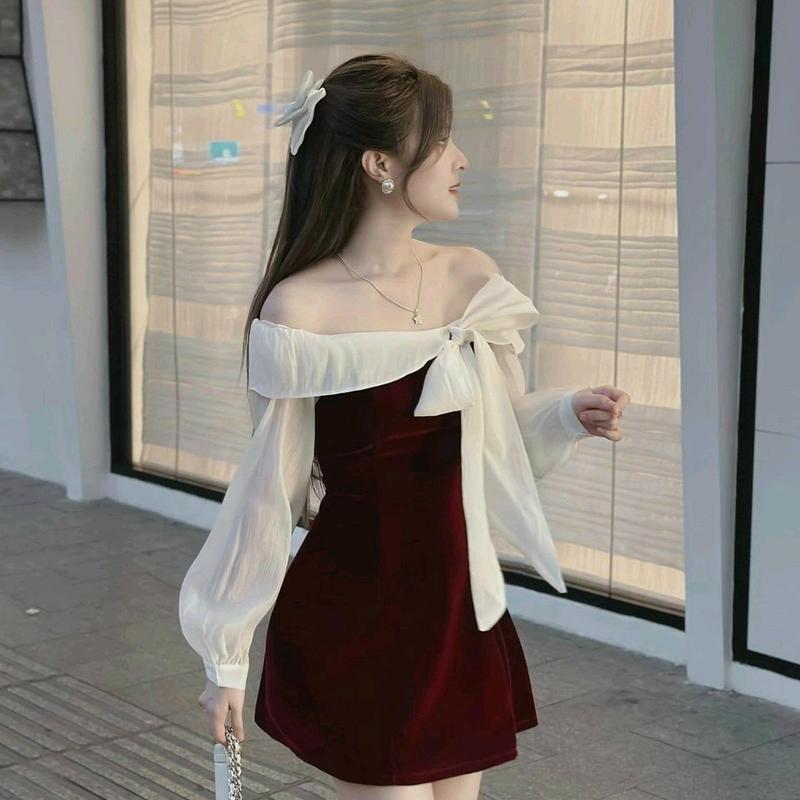 Đầm Nhung Tay Dài Có Dây Cột Nơ Trễ Vai - Shop Tiến Linh Nữ Women Dress Voi Kem Đỏ