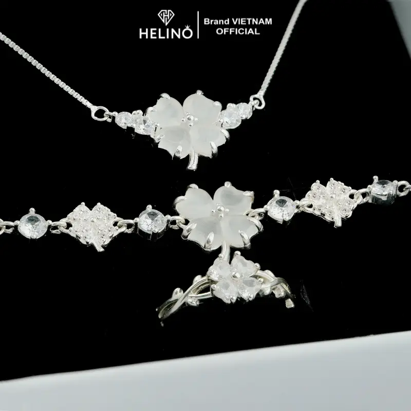 Bộ sản phẩm bạc 925 HELINO Cỏ bốn lá đính đá mắt mèo, dây chuyền, lắc tay, nhẫn, trang sức cao cấp, quà tặng sinh nhật, kỷ niệm 1