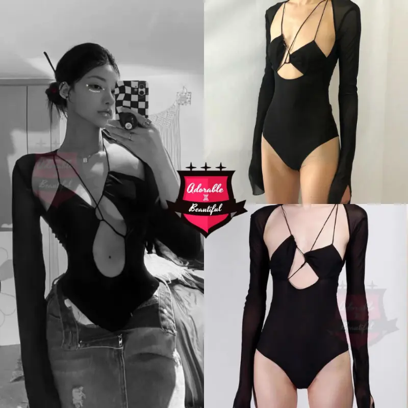 [Tổng Hợp] Bodysuit Đen Thun Tay Dài Lưới Cut Out Sexy Quyến Rũ, Áo Liền Thân Dây Ôm Body Hở Ngực [AdorablexBeautiful] 2
