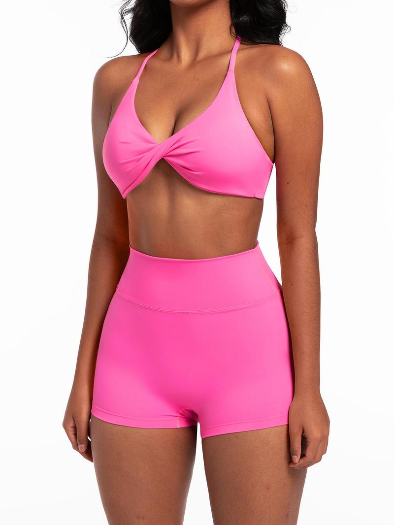 Product Introduction of Women's Solid Color Twist Front Crop Top & Skinny Shorts Two-piece Set, Casual Fashion Cozy Breathable Two Piece Outfits for Daily Outdoor Wear, Ladies Clothes for All Seasons 3