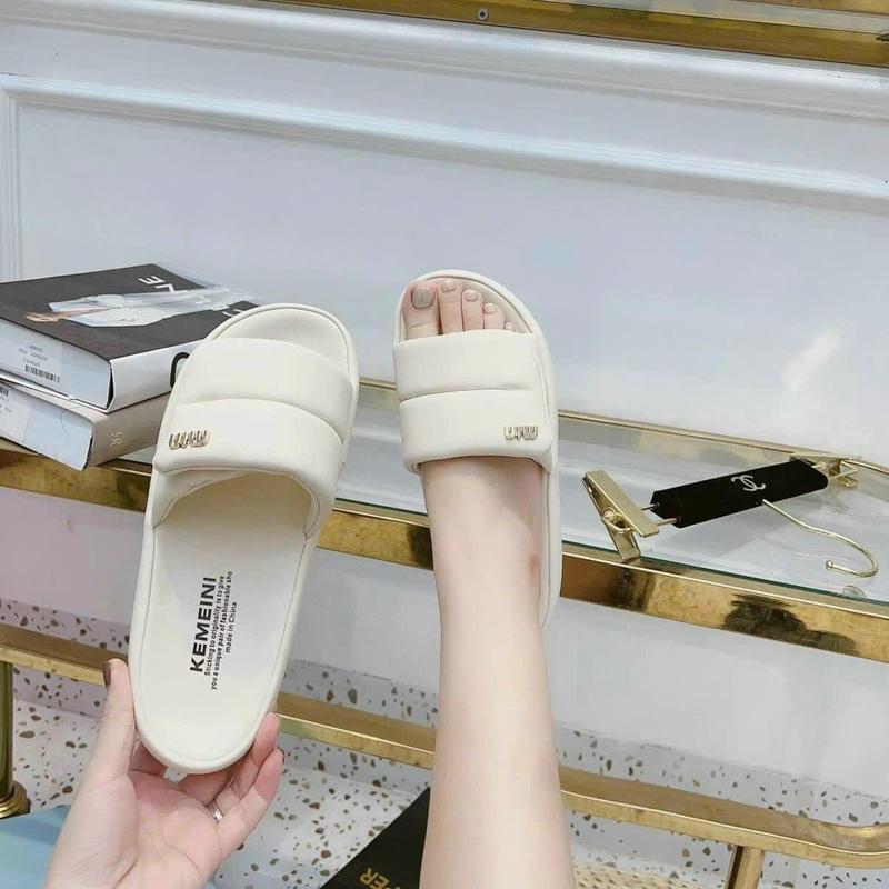 Dép Nữ quai ngang Miu quai da phồng đế Cao Su cao 3cm Nhung DéP