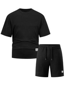 Men's Solid Color Letter Patched Jacquard Knitted Short Sleeve Tee & Drawstring Waist Shorts Set, Loose Casual Comfy Round Neck T-shirt & Pocket Shorts, Summer Outfits Clothes Set for Men