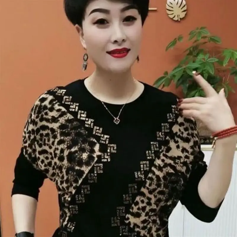 Áo Thun Dài Tay, Nữ, Mẹ, In Hình Mới 2024, Chắp Vá Đính Đá, Cổ Tròn, Dáng Rộng Vừa Vặn, Che Bụng, Phong Cách Phương Tây, Áo Nữ, 1150 # Women Top