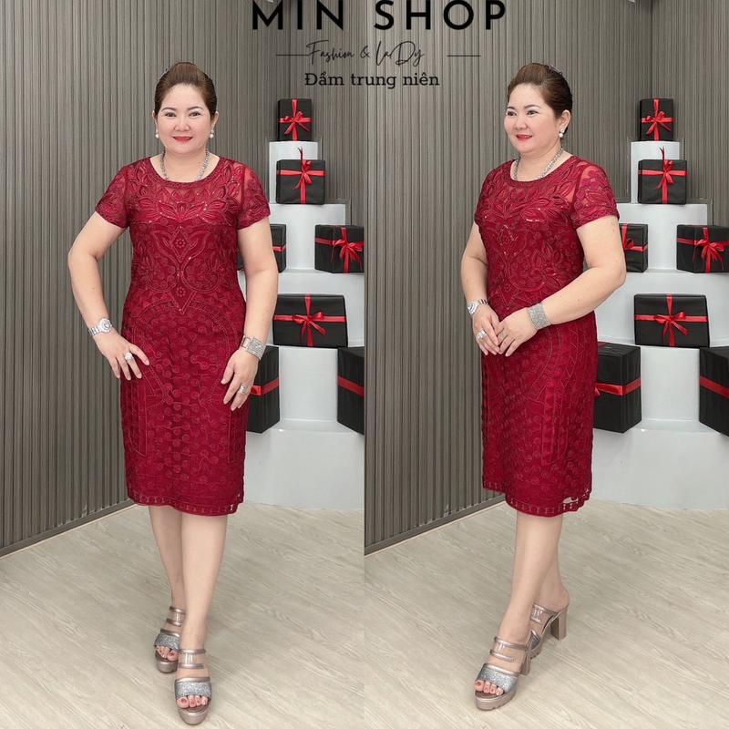 Đầm body trung niên Quảng châu cao cấp ren Women Dress Voan Voi Sen Đỏ - MIN SHOP