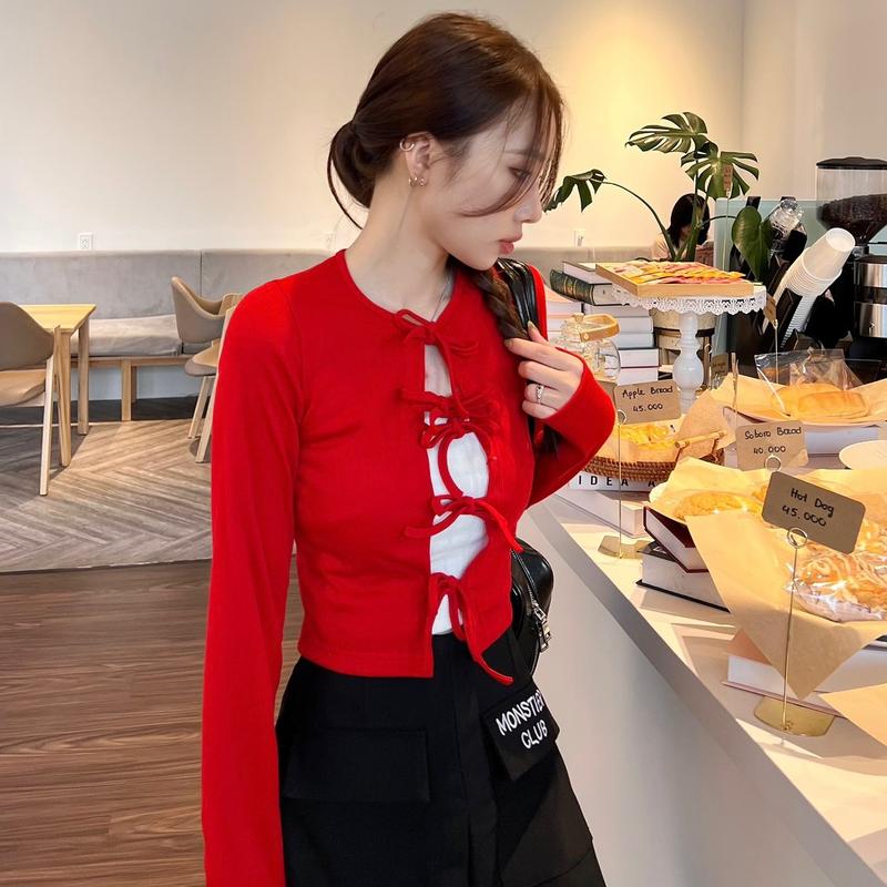 Áo Khoác Cardigan Nữ Tay Dài Croptop Cột Nơ Xinh Xắn Màu Đỏ Giáng Sinh -Tết - Monstier Classic Bow Top 4