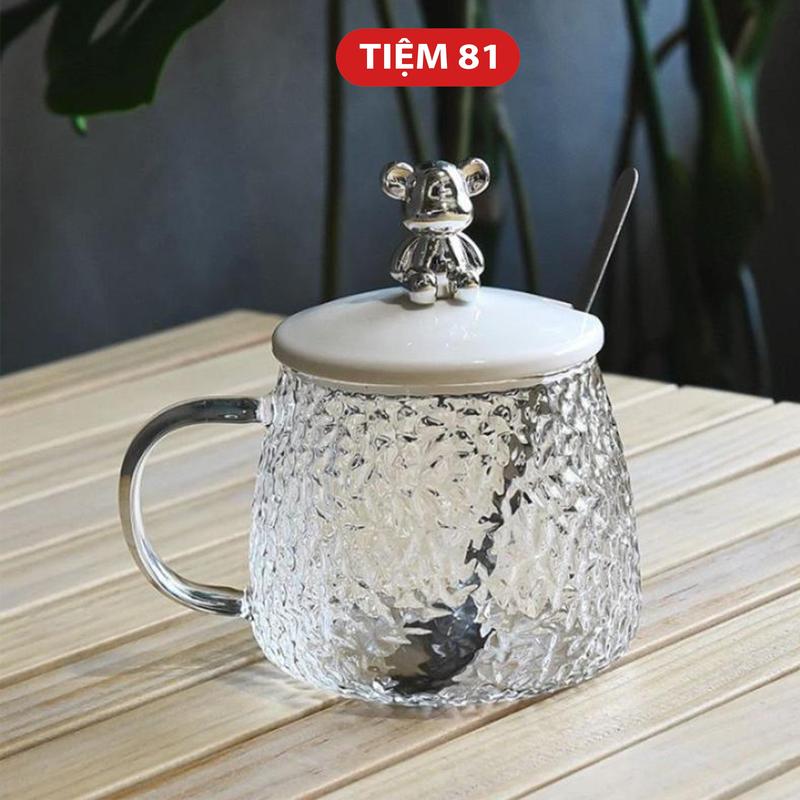 Ly Cốc Thủy Tinh Cao Cấp Dày Dặn Trong Suốt Nắp HÌnh Gấu Ngộ Nghĩnh Kèm Muỗng Cao Cấp