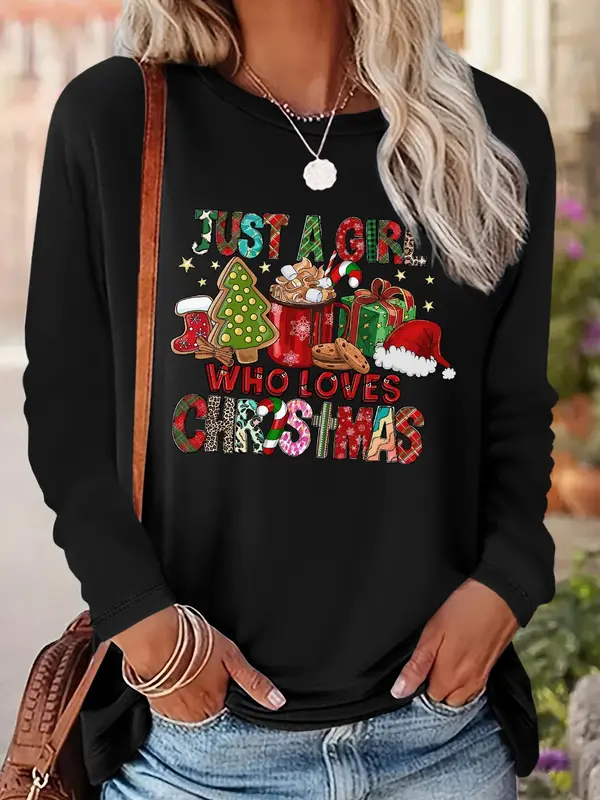 Women's Christmas Themed T-shirt, Casual Letter Print Long Sleeve Round Neck Tee for Daily Wear, Ladies Fall & Winter Clothes 6