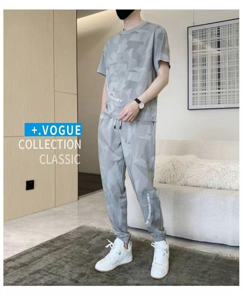 Product Introduction of Wolf Warrior Family Summer Ice Silk Casual Set Men's Short Sleeve T-Shirt Trendy Stylish Sportswear Shorts Two-Piece Set Sneakers 29