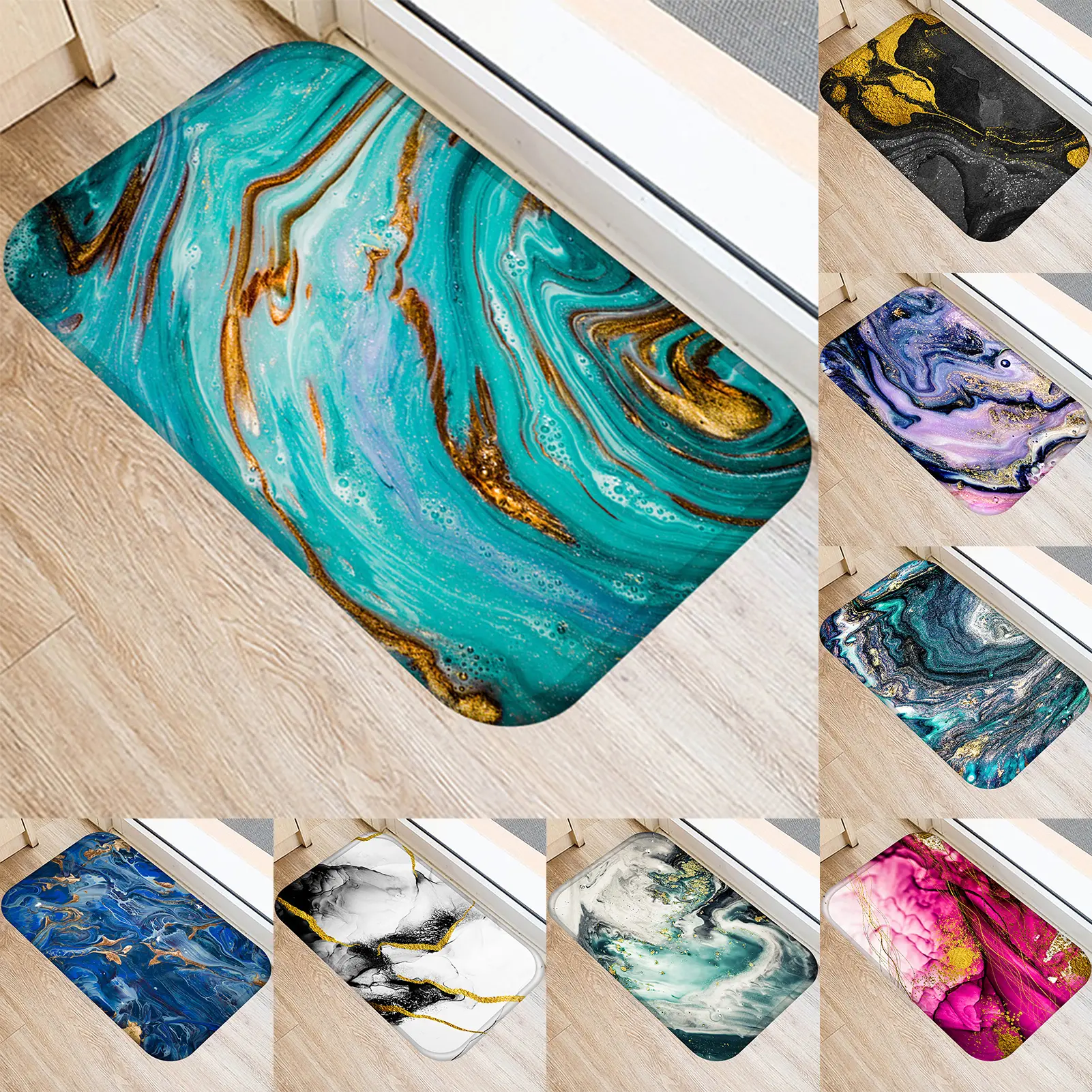 Floor Mat Anti-slip Absorbent Flannel Multi Colors Marble Printed Door Rug Home Supplies