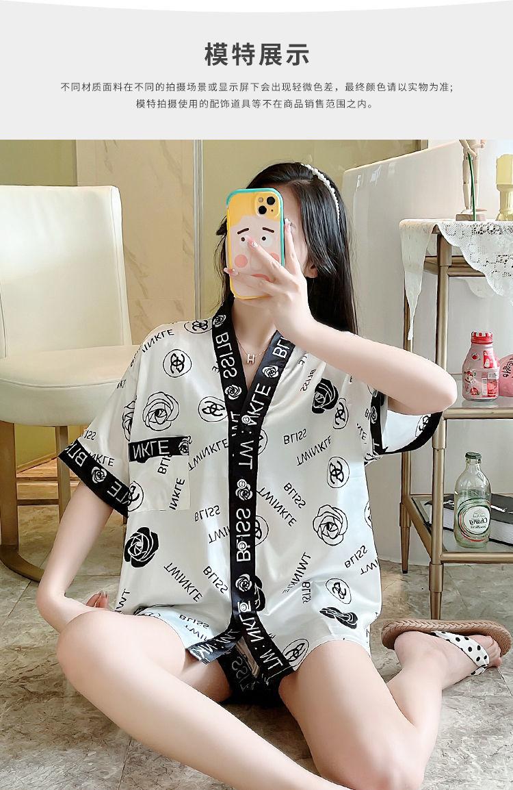 Product Introduction of Women's Pajamas 2022 New Summer Thin Ice Silk Cardigan Camellia Set Short Sleeve Cartoon Princess Style Loungewear 5