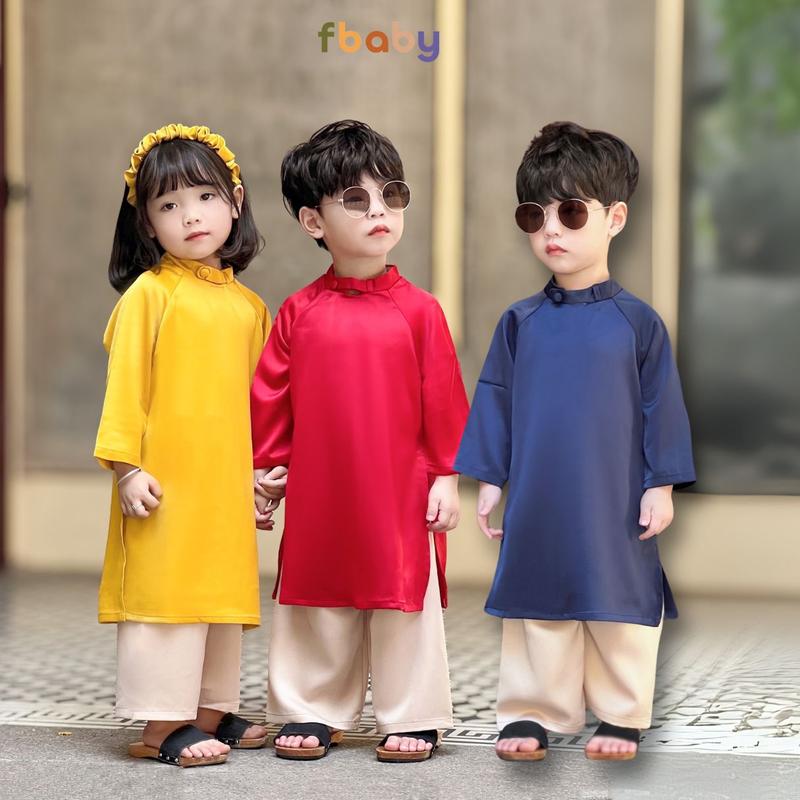 Bộ áo dài trơn bé trai bé gái lụa tơ tằm Fbaby