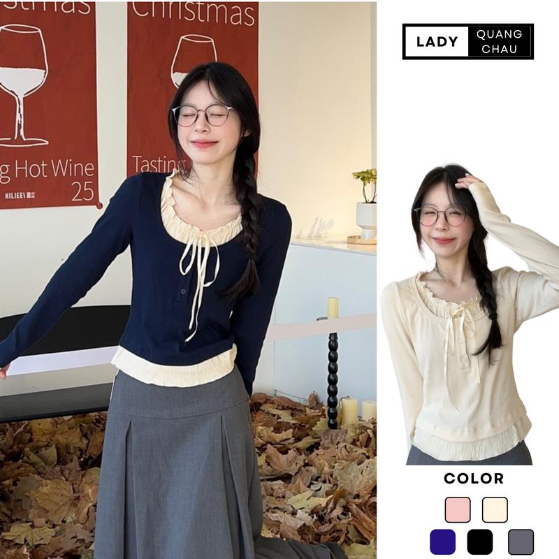 Áo thun tay dài nữ kiểu coquette phối nơ nhẹ nhàng tông màu basic dáng brandy mặc đi chơi LADY