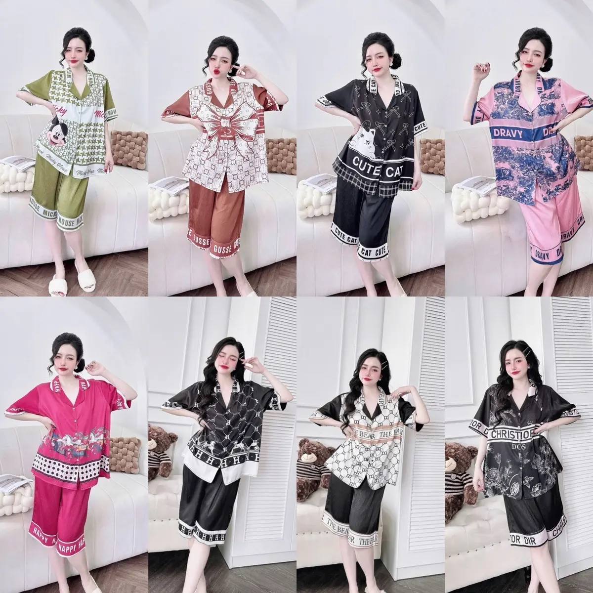 Bộ Pijama Lụa Xước Tay Ngắn Quần Lững - Kích cỡ 70kg-100kg - Nữ, Women