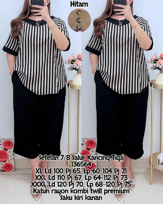 TOP - Setelan Katun Rayon Twill 136564 - Set Salur 7per8 - Celana Kulot Pendek - Atasan Motif Salur 0