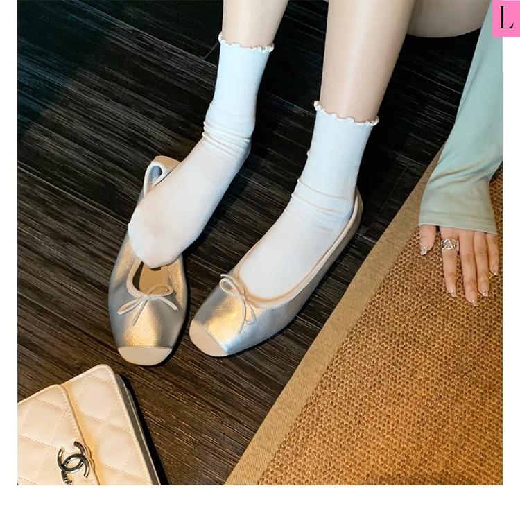 2023 Summer New Style Single Shoes Women Outer Wear Round Toe Shallow Mouth Bow Showing Feet Small Flat All-Match Ballet Shoes Footwear Girl Walking Shoes Running 8