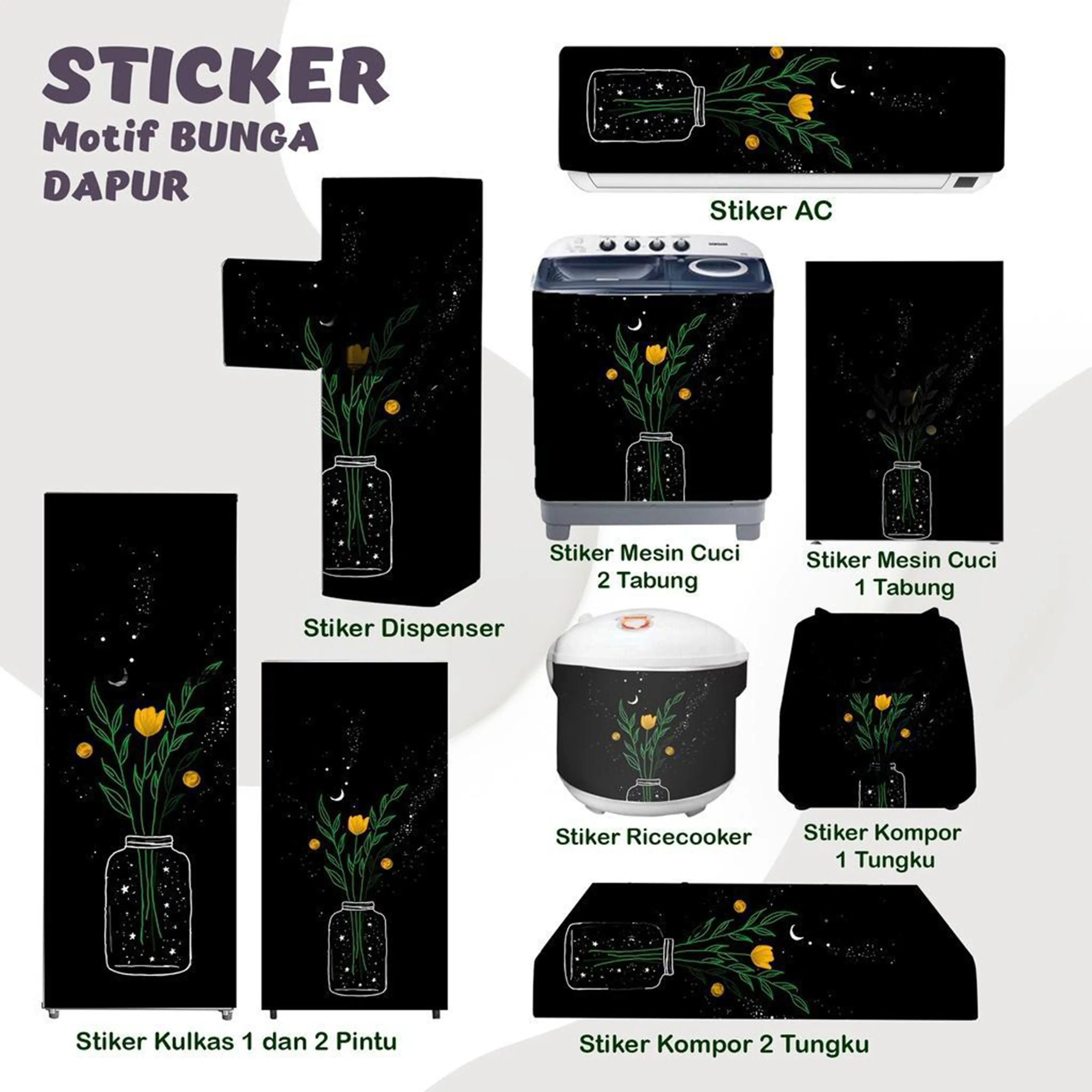 Stiker kulkas kompor mesin cuci 1 2 pintu tabung mata Rice Cooker Dispenser Ac Motif Bunga Hitam Hijau Sticker