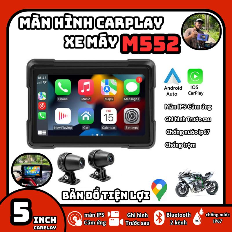 Màn hình Xe Máy M552 Cảm ứng, Kết nối Carplay và Android Auto không dây, Ghi hình trước sau 1080FHD, Chống nước IP67, Xem bản đồ chỉ đường trên xe máy, Bluetooth nghe nhạc giải trí, Nghe thoại rảnh tay, Cam hành trình xe máy dash  cam scooter