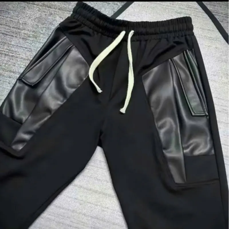 Quần nỉ dài vá da chất vải thun lạnh túi phối da bo chun ống quần dành cho nam nữ fom unisex 3