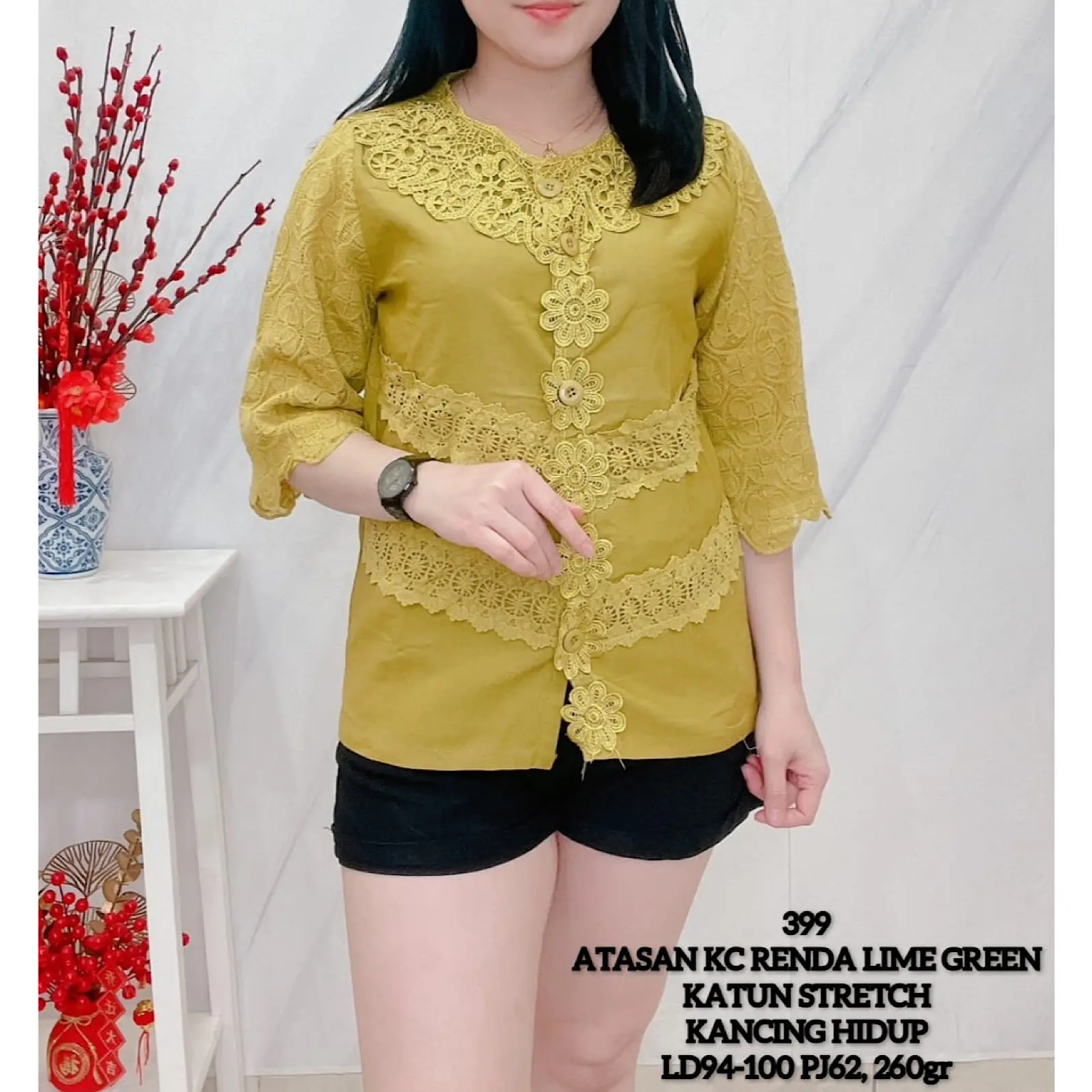 KLV Atasan Blus Katun Stretch Wanita Import Buka Kancing Lengan 7/8 - 399B