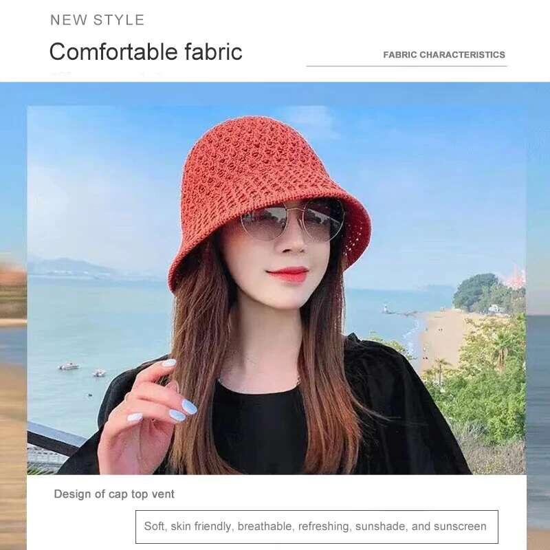 Product Introduction of Bucket Spring Summer Hollow Knitted Hat Solid Color Sunhat Fisherman Caps Casual Foldable Beach Cap 23