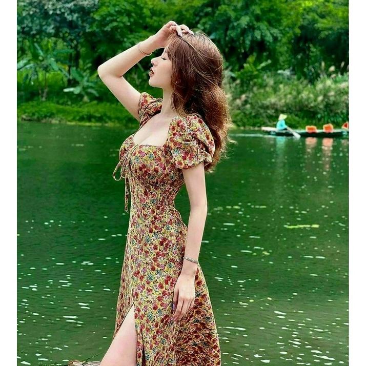 Váy đầm hoa đi biển bèo ngực, thời trang nữ dự tiệc chất lụa cổ vuông  tay ngắn bo eo váy xoè maxi xẻ lai tới đùi